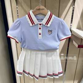 跨境童装女童娃娃领套装韩系学院风中大童娃娃领短袖百褶裙两件套