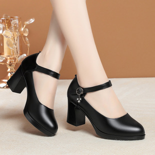 Spring and autumn new Korean version of the cowhide shallow mouth work shoes thick heel mother shoes dancing shoes one word buckle women's single shoes
