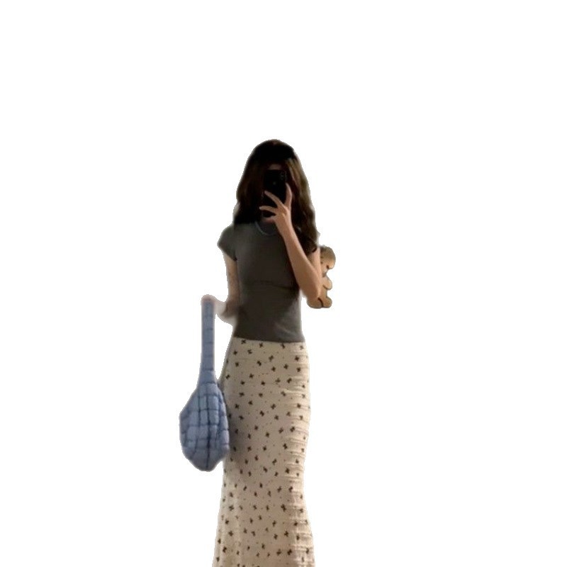 韓国白夏休みリボンプリントレースハイウエスト花柄フィッシュテールスカートロングスカート痩身スカート|undefined