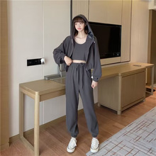 跨境三件套女装春款2025新款简约长袖连帽外套长裤运动套装女批发