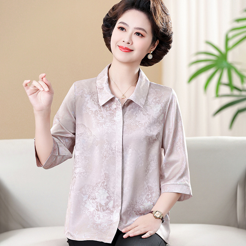 Mom's Summer Mid-Sleeve Shirt, Satin Dark Pattern Lapel Shirt, Middle-Aged and Elderly Women's Cardigan, Loose Large Size Top Mom's Summer Mid-Sleeve Shirt, Satin Dark Pattern Lapel Shirt, Middle-Aged and Elderly Women's Cardigan, Loose Large Size Top