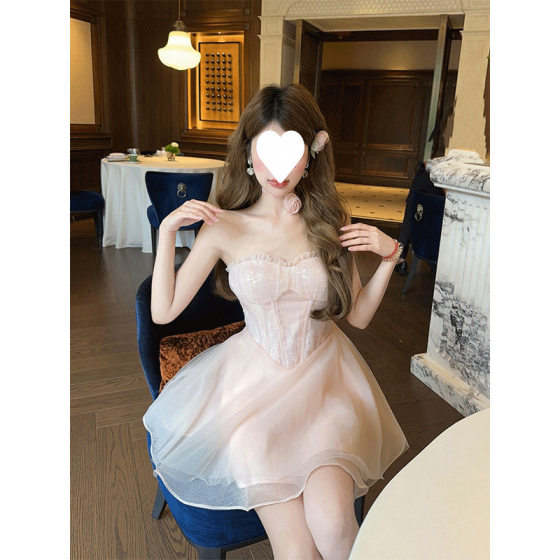 Strapless Pink High-end Design Sense Niche Elegant Evening Dress Beautiful Princess Dress