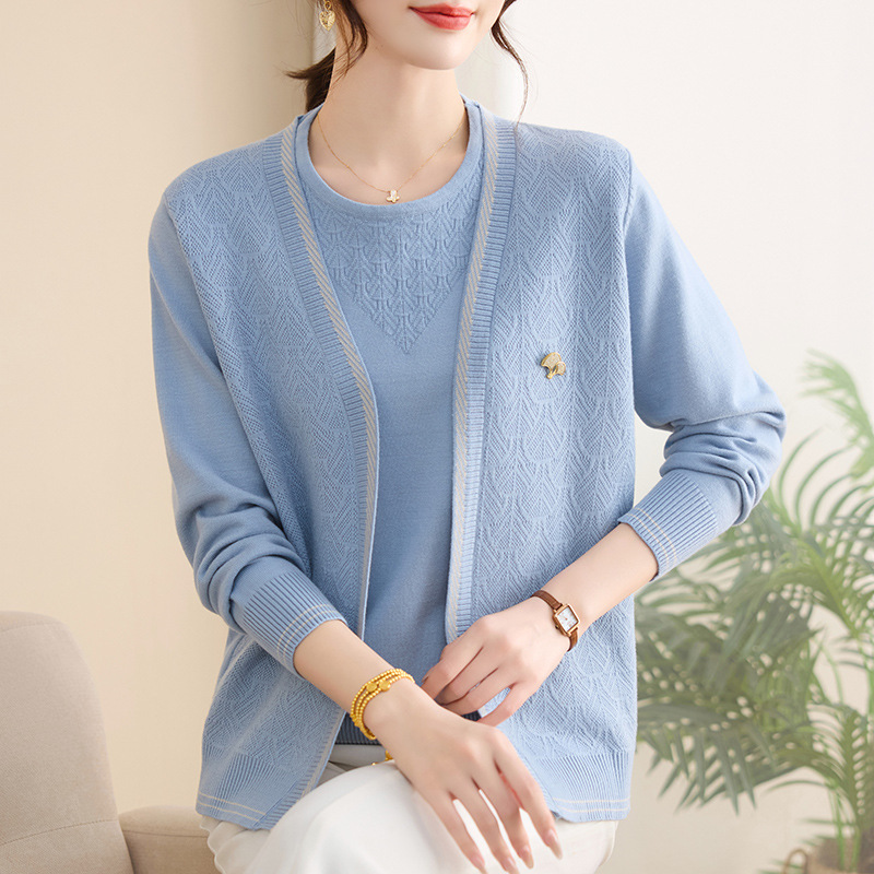 妈妈装两件套女洋气中老年秋季衣服时尚中年针织两件套短袖+外套|undefined