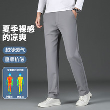 品牌春夏半松紧冰丝高弹休闲裤中年男西裤宽松垂感商务直筒长裤子