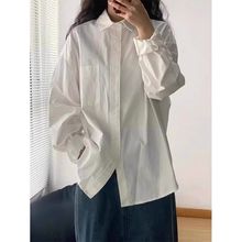 纯棉白色长袖衬衫女春秋冬宽松内搭叠穿高级感中长白衬衣外套上衣