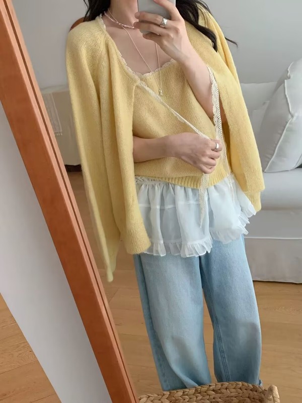 韩系温柔风软糯气质百搭蕾丝拼接针织开衫吊带两件套女秋季新款|undefined