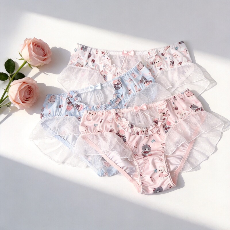 60420S Summer New Lolita Panties for Women, Sweet Cat Print, High-Quality, Comfortable Mid-Waist Girls' Briefs