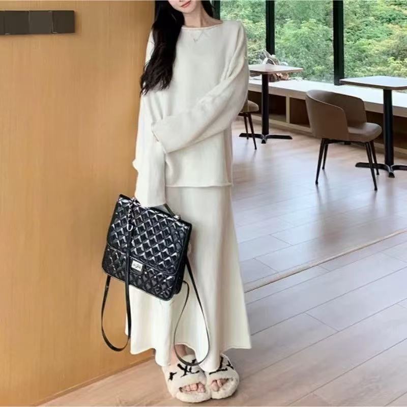 韓国風レイジールーズニットファッションスーツレディースワンショルダートップAラインフィッシュテールヒップスカート2点セット|undefined