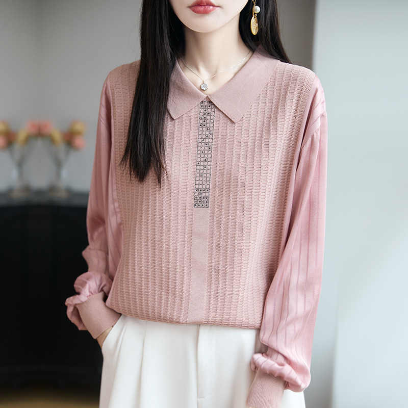 娃娃领毛衣女漂亮减龄洋气针织打底衫春秋新款2025新款拼接小衫|undefined