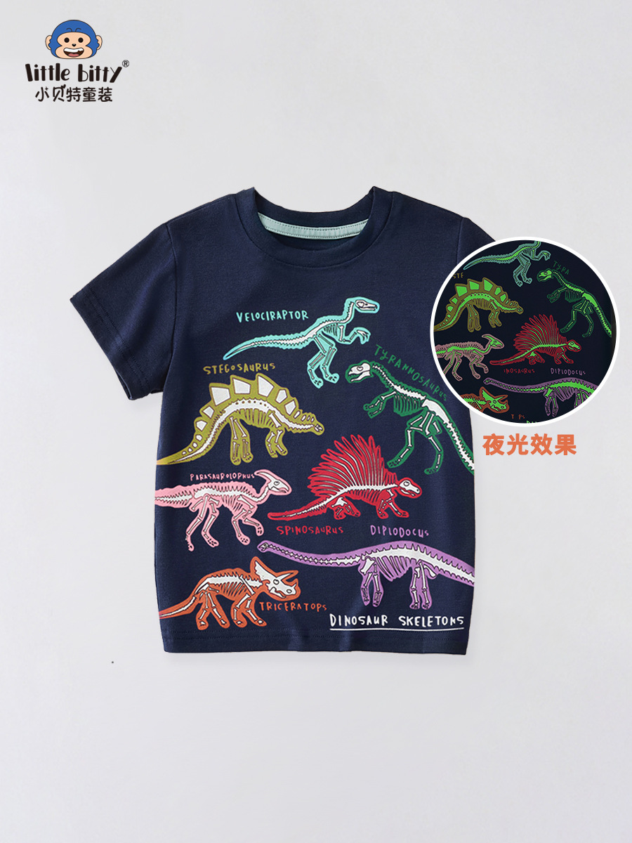 European and American Boys Round Neck Short-Sleeved T-Shirt 2025 New Summer Kidsren's Dinosaur Luminous Printed Tops Kidsren's Clothing Wholesale