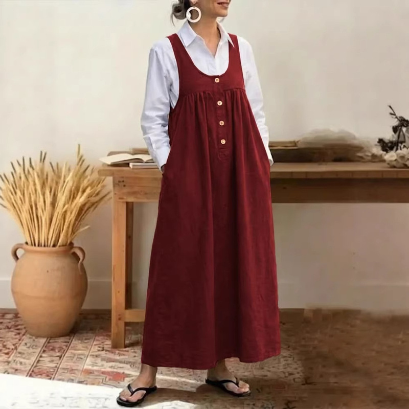 2026 European and American Amazon Independent Site New Solid Color Buttoned Suspender Dress Sleeveless Loose Casual Dress