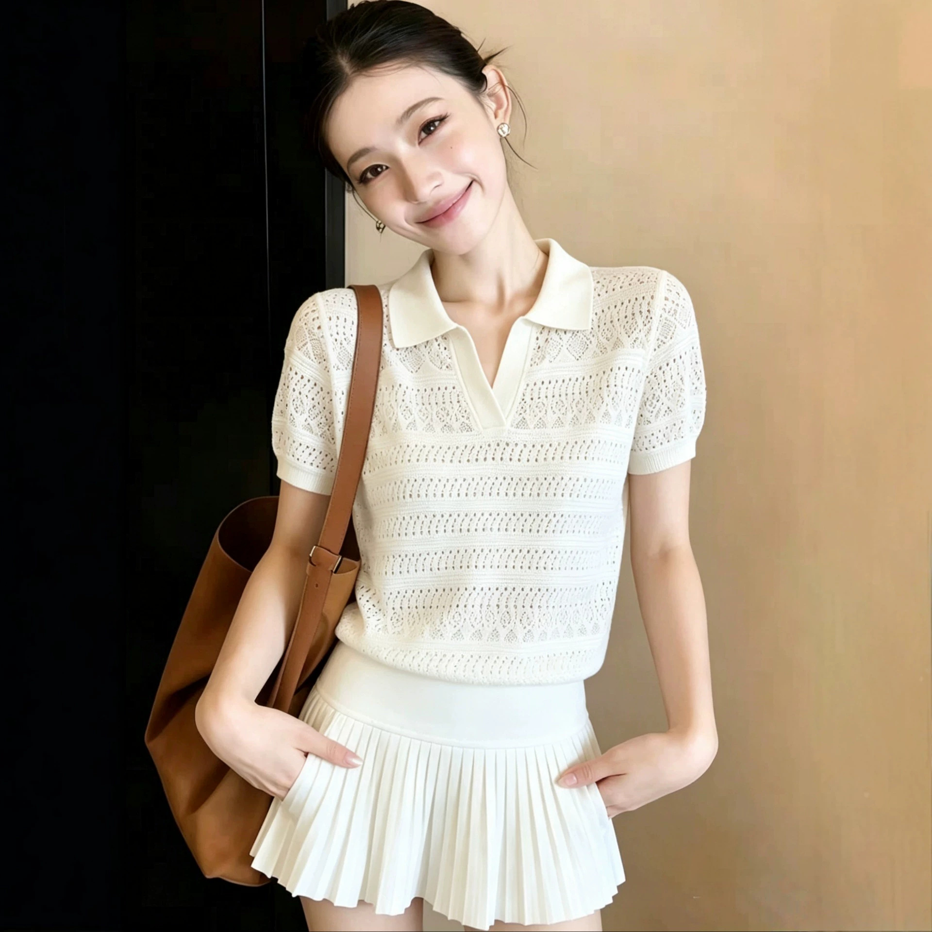 Áo thun polo cổ bẻ tay ngắn dệt kim họa tiết hoa nổi phong cách cổ điển — màu trắng chi tiết 3