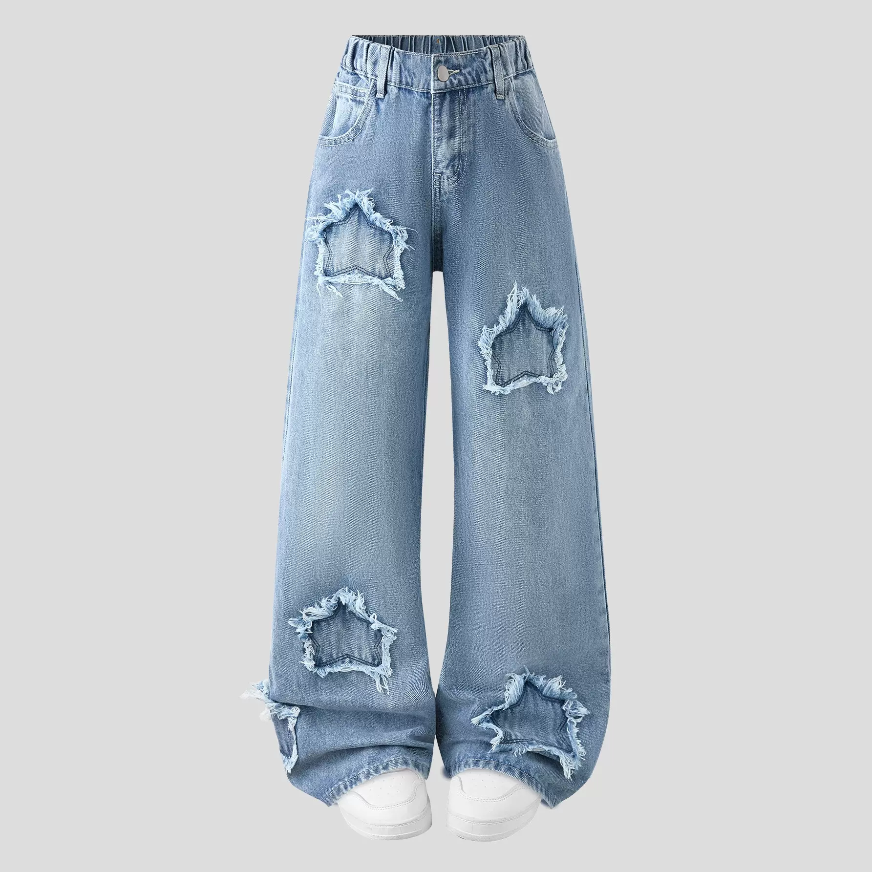 跨境专供欧美亚马逊青少年女孩爆款星星装饰全松紧腰阔腿牛仔裤