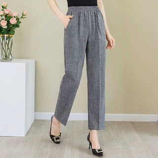 直筒裤女夏2025新款棉麻弹力大码高腰中年妈妈女士薄款休闲女裤子