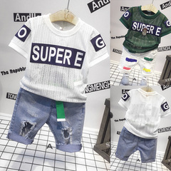 Boys' Short Sleeve T-Shirt 2022 Summer New Korean Style Hollow Upfit Children's Casual Short Sleeve 68011 Shorts Set