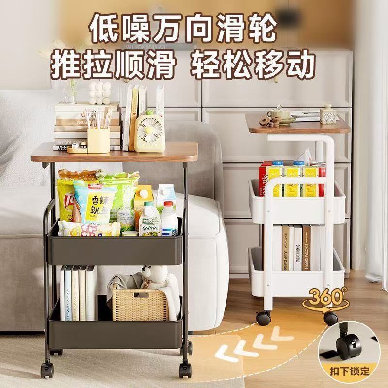 Mesa de té de doble capa móvil para uso doméstico simple carro pequeño estante de almacenamiento de artículos cocina dormitorio estante de almacenamiento de bocadillos