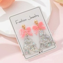 跨境新款圣诞节亚克力蝴蝶结闪耀圣诞树设计女士时尚耳饰