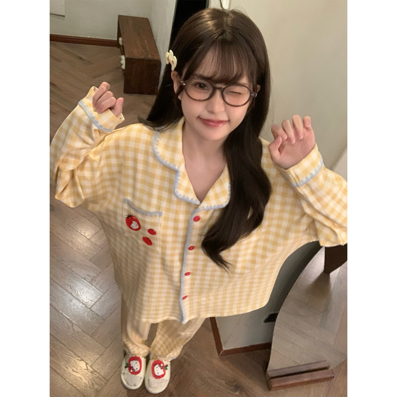 2025新款hellokitty纯棉睡衣女春秋季格子长袖家居服夏天休闲套装|undefined