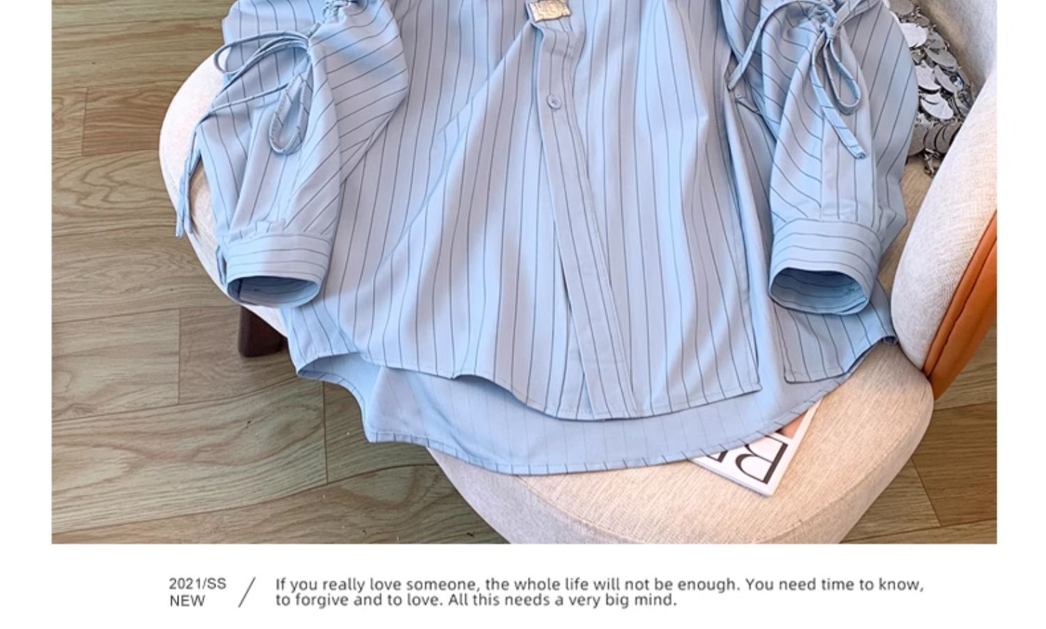 Design blue striped shirt women's spring and autumn new large size fat and thin medium and long irregular drawstring upper generation_voghion.com
