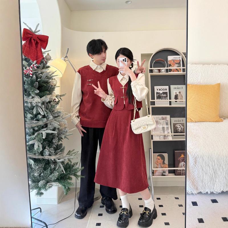 Special Couple Outfits for Autumn and Winter, New Engagement Banquets, Improved Design for the New Year, Spliced ​​Shirt Dresses for the New Year