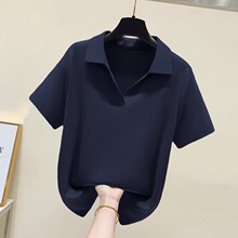 藏青色polo领衬衫短袖T恤女夏季高级感高端大牌女装大码正肩上衣