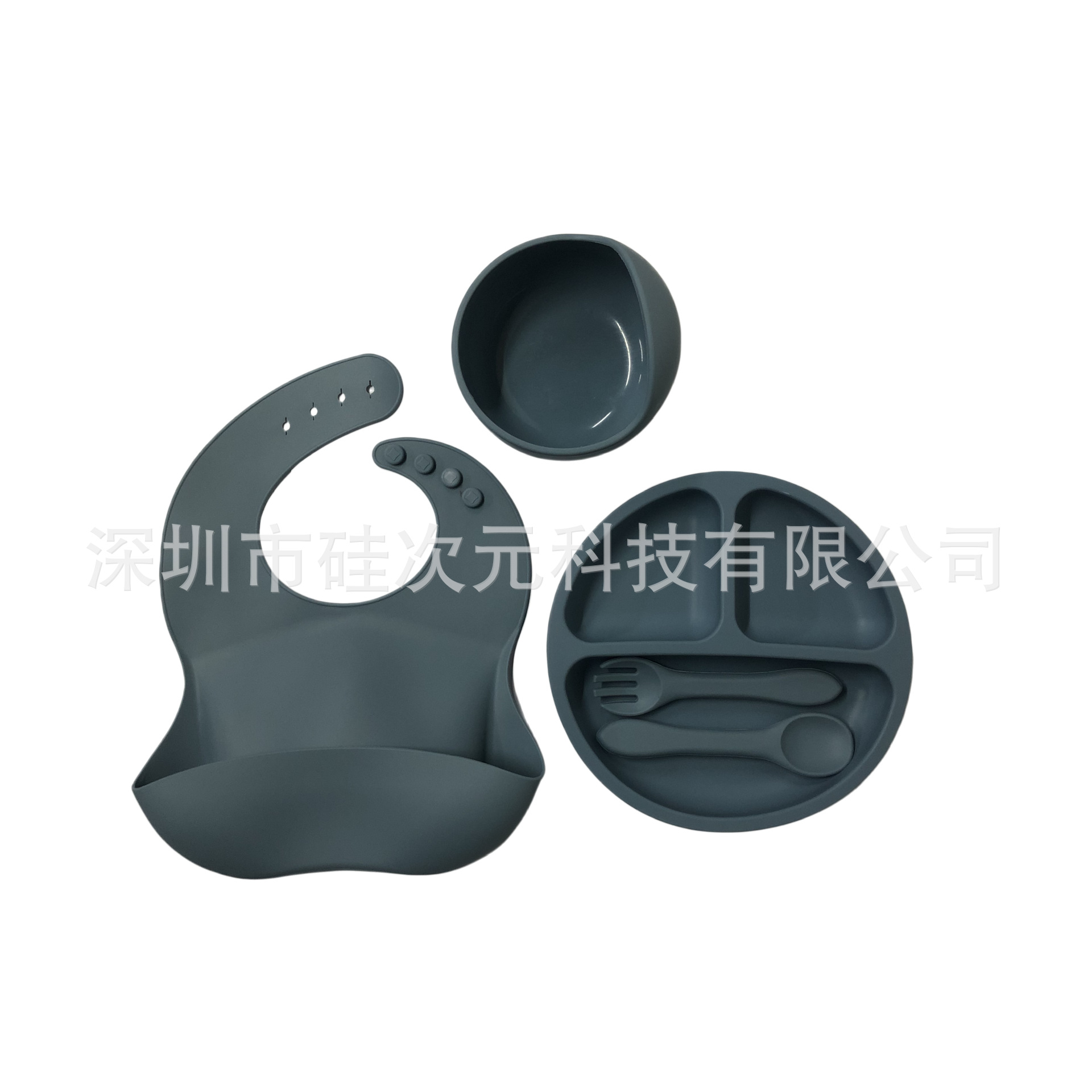 블루 5종 세트 (턱받이+디너접시+그릇+포크+스푼)