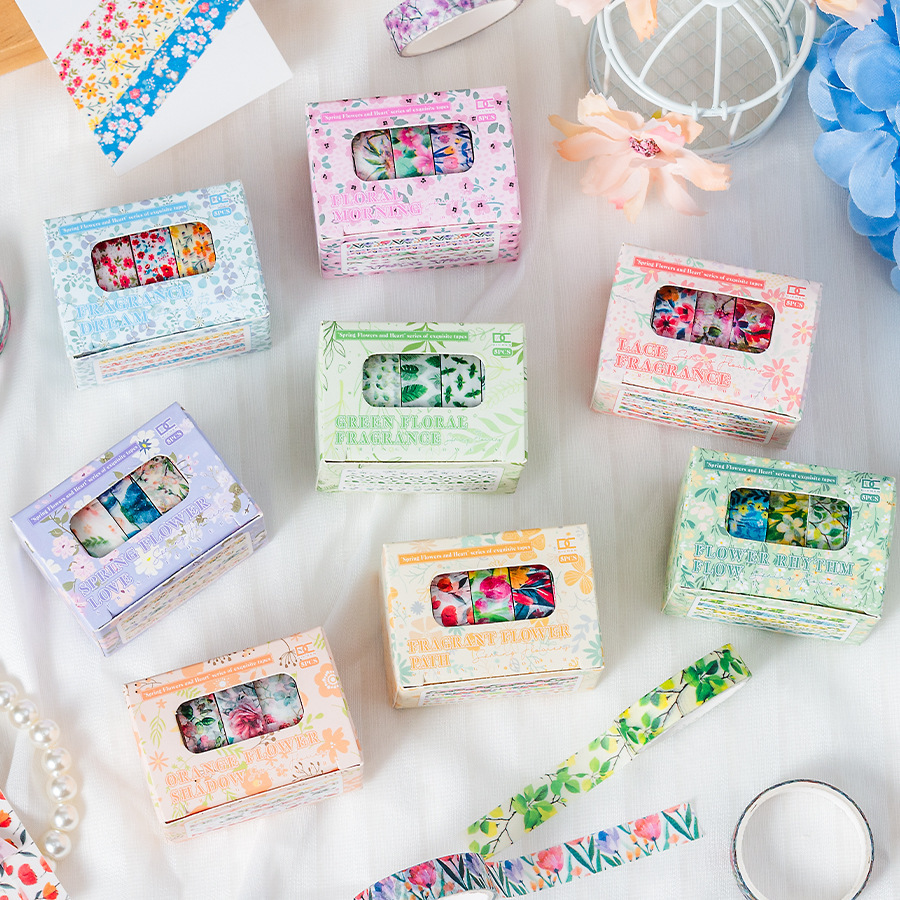 Chunxin Flower Language en caja y cinta de papel 5 enrollado en 1cm de ancho, línea divisoria de hojas, cuenta manual, cinta de flores pastoral