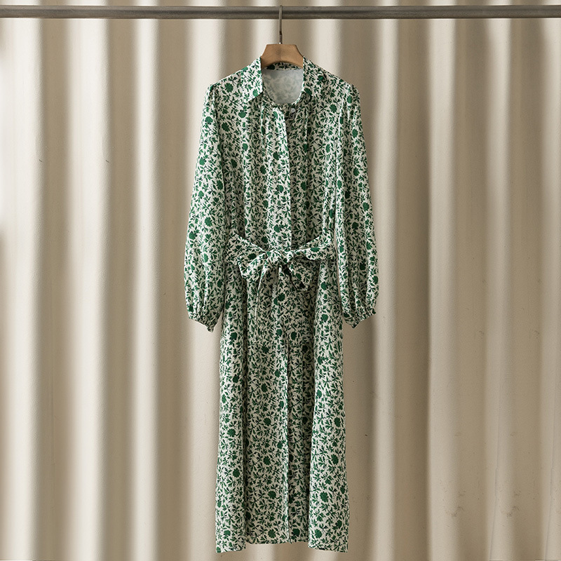 Nanyou factory wholesale max new shirt long sleeve loose lace green flower printed mulberry silk dress