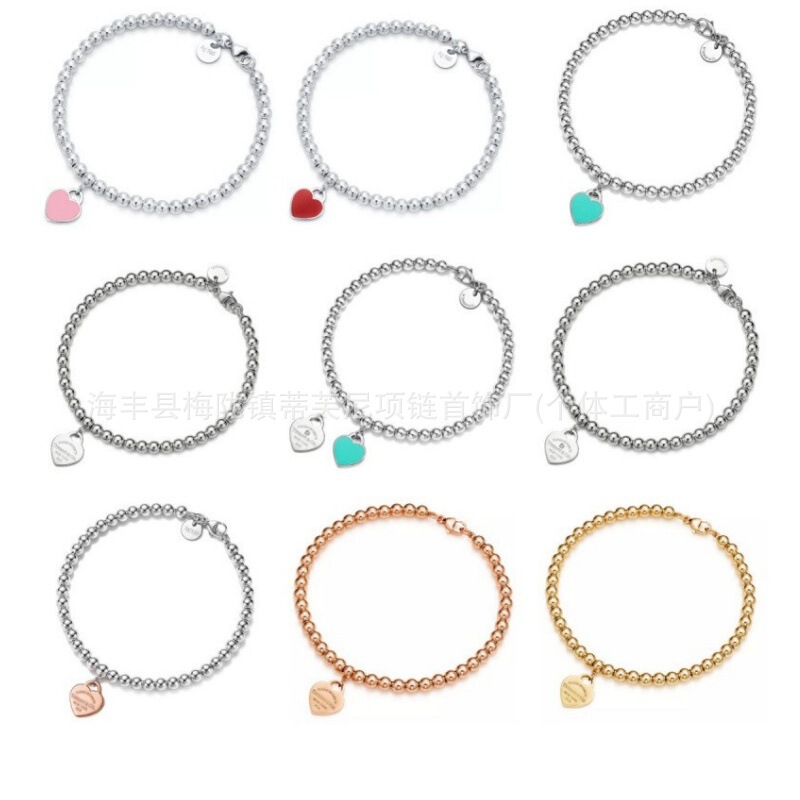 T Brand High-Quality 925 Sterling Silver Heart-Shaped Enamel Round Bead Bracelet, Classic Fashion Versatile Jewelry Manufacturer