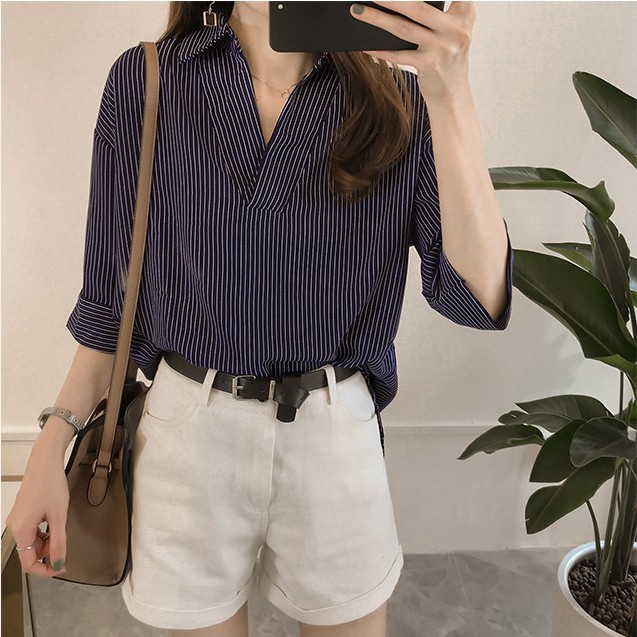 2023 verano nuevo estilo coreano suelta adelgazante camisa a rayas de manga tres cuartos versátil camisa casual moda