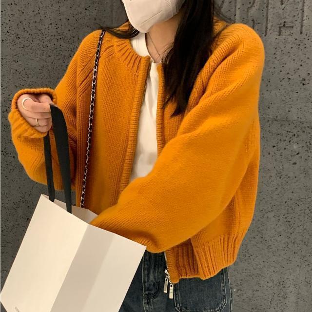 Petite Short Autumn and Winter Zip-Up Sweater Cardigan, Chanel-Style Round Neck Knitted Cardigan Top, Orange French New Style