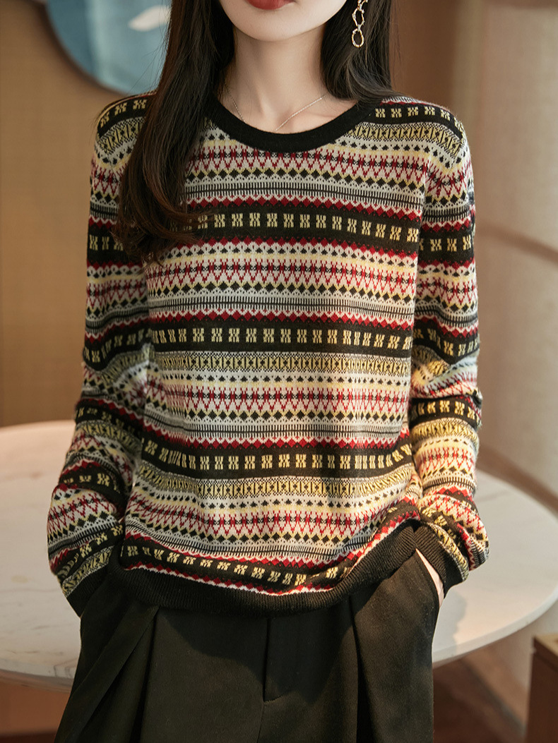 Áo len cổ tròn họa tiết Fair Isle dệt nổi mỏng nhẹ — đen
