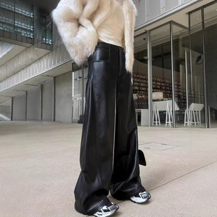 American Retro Pu Leather Pants for Men and Women, New Loose and High-End Vibe Pants, Black Spliced ​​Wide-Leg Casual Pants