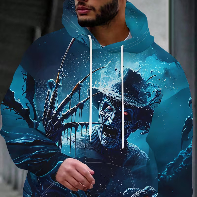 Men's personalized trendy street style hoodie with a blue nightmare monster with sharp claws and red eyes grinning - full of street style Men's personalized trendy street style hoodie with a blue nightmare monster with sharp claws and red eyes grinning - full of street style