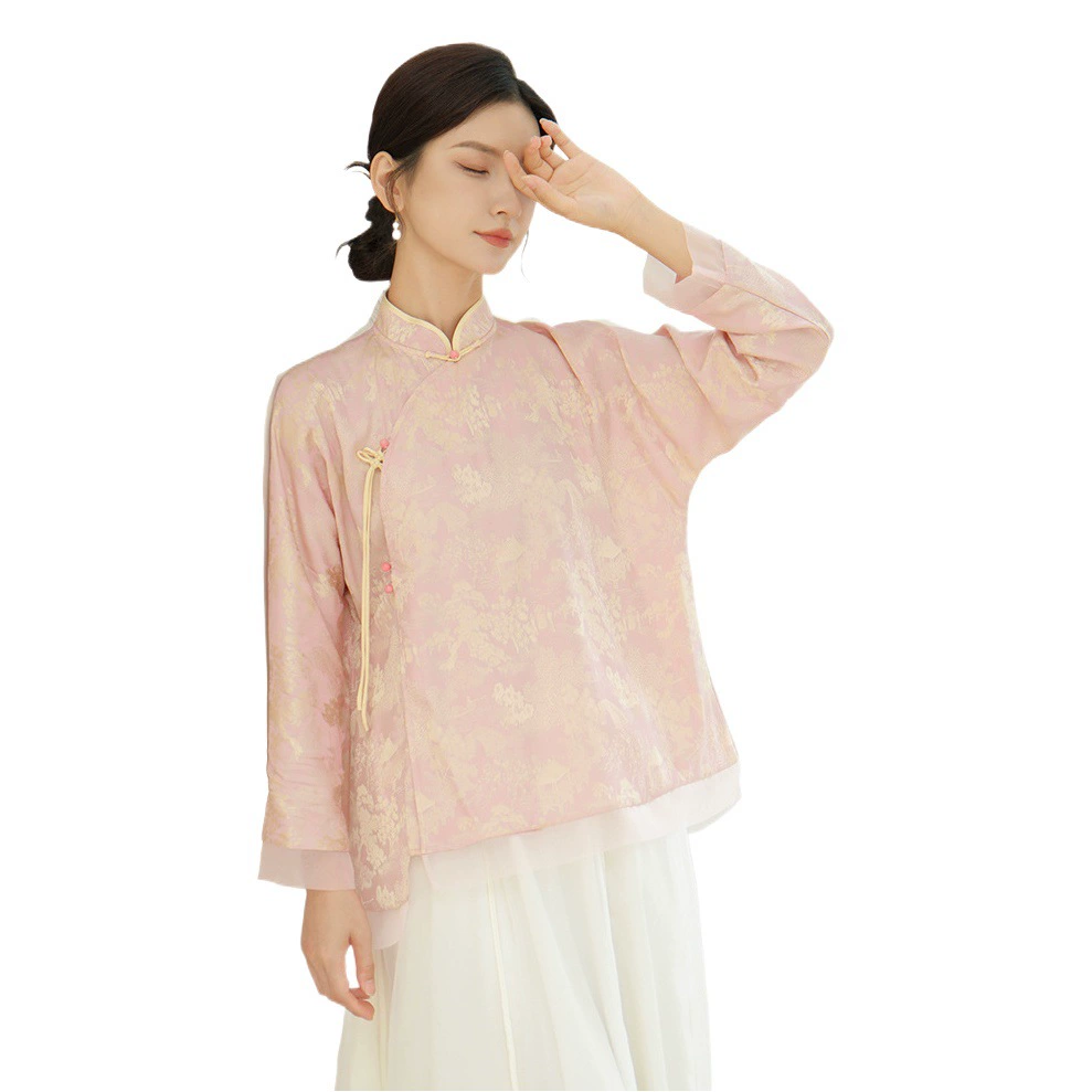 Qing Shuzhai 2023 Осень-Зима Новая китайская жаккардовая куртка Женский костюм Hanfu Tang розовая рубашка с длинным рукавом на пуговицах дзен чайный костюм