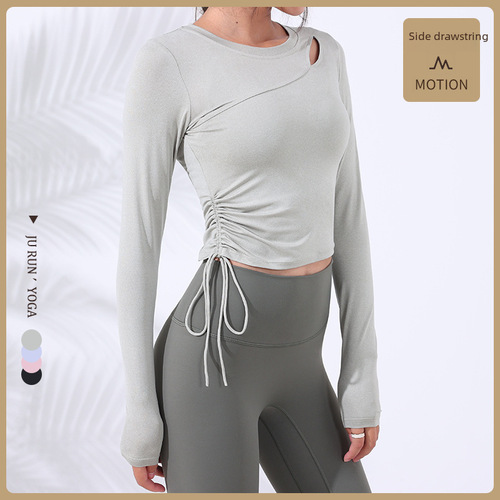 Women's Loose-fitting and Slimming Long-sleeved Yoga Top with Drawstring, Side Pleats, Autumn/Winter New Design, Suitable for Running and Casual Wear