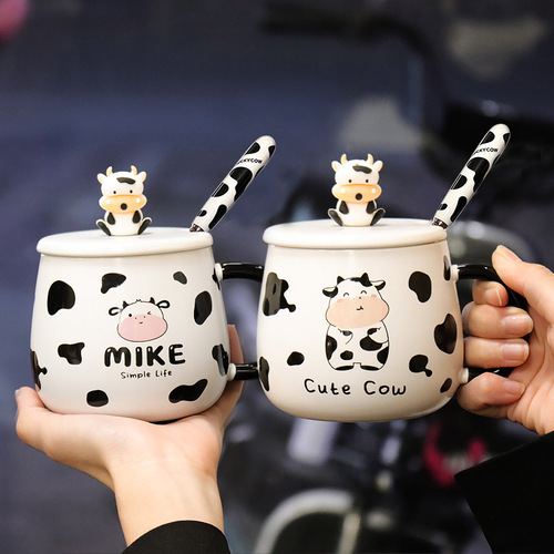 Cute milk cup with lid, spoon, good-looking mug, student couple cup, creative cow ceramic cup, coffee cup