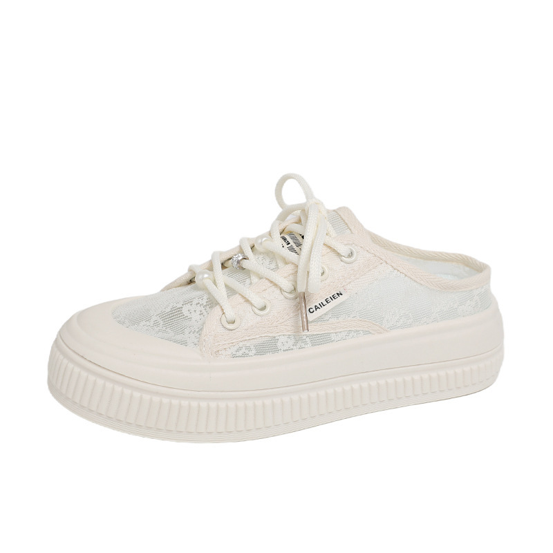 Perezoso con cabeza media zapatillas para mujeres 2026 verano nuevo mallas transpirables zapatos blancos coreanos versátiles zapatillas frías de un pie