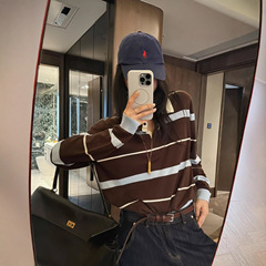 秋季韩系chic单穿上衣设计感小众松弛感Polo领咖色条纹长袖t恤女