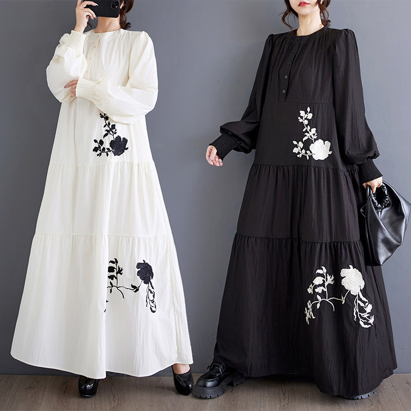 plus size women's 2024 autumn new loose fashion collar embroidery flower multi-layer stitching long dress