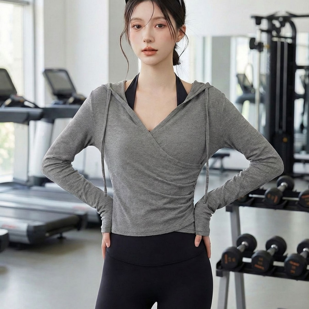V Neck Hooded Yoga Clothes for Women Running Pilates Sports Long-Sleeved Training Fitness Early Autumn Tops T-Shirt Fitness Clothes