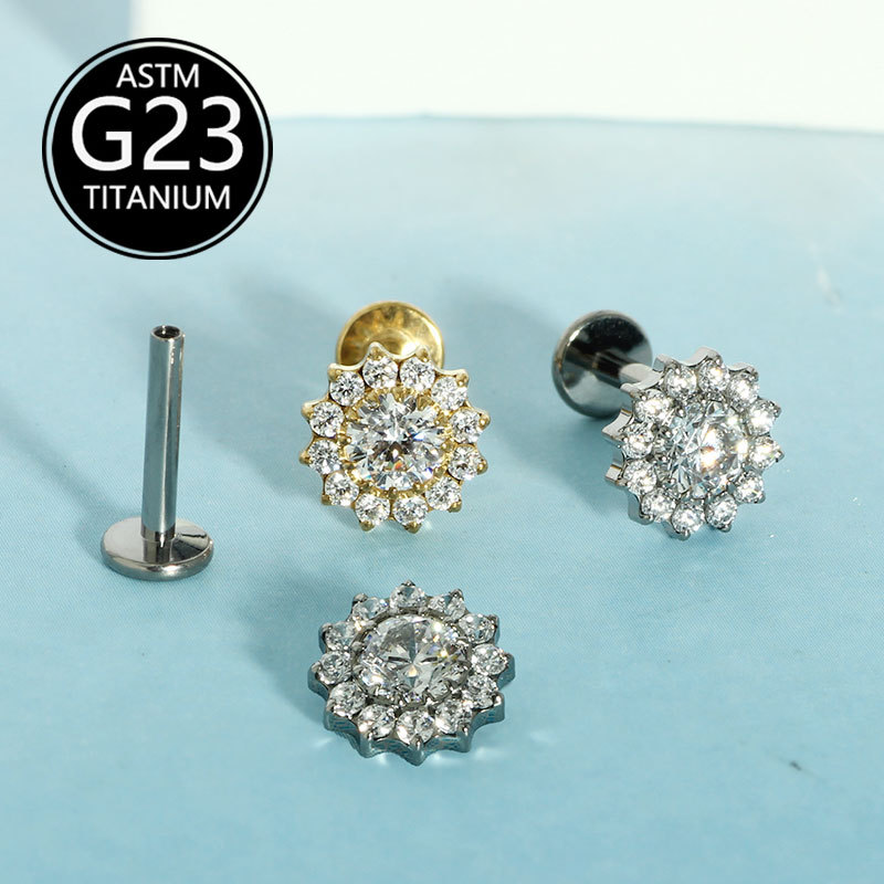 G23 Titanium F136 Zircon Flower Earrings Lip Nails Ear Bone Nails Body Piercing Jewelry detail image 8
