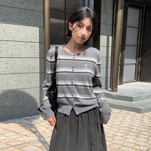 MOXI十三行女装2025秋季新款韩系条纹刺绣针织开衫长袖毛衣上衣女