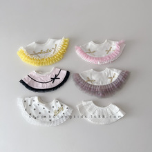 婴儿360可旋转圆形口水巾ins蕾丝花边纯棉围嘴时尚百褶边宝宝围兜