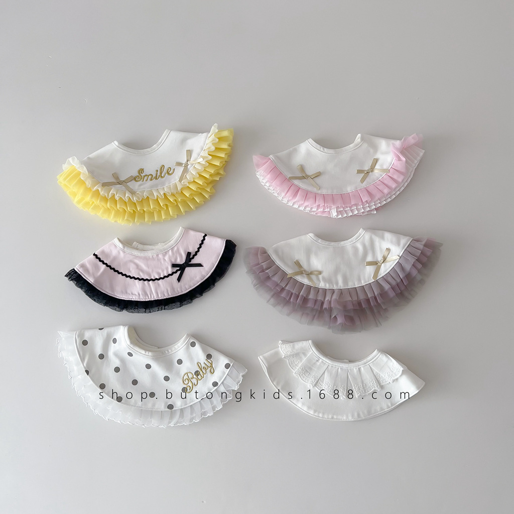 Baby 360 Rotatable Round Slippery Towel ins Lace Cotton Bib Fashionable Pleated Baby Bib