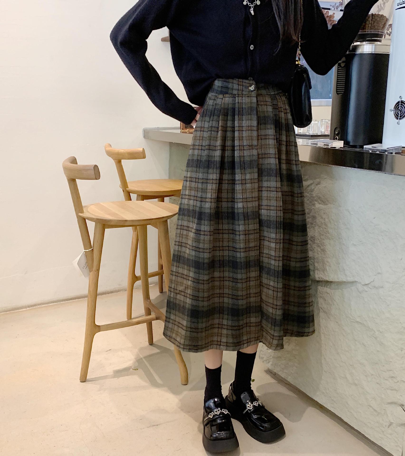 2024 İlkbahar Pileli Etek, Kahve Rengi Ekose Etek, Kadın Orta Uzunluk, Yüksek Bel, A Kesim, Küçük ve Çok Yönlü, Büyük Şemsiye Etek_voghion.com