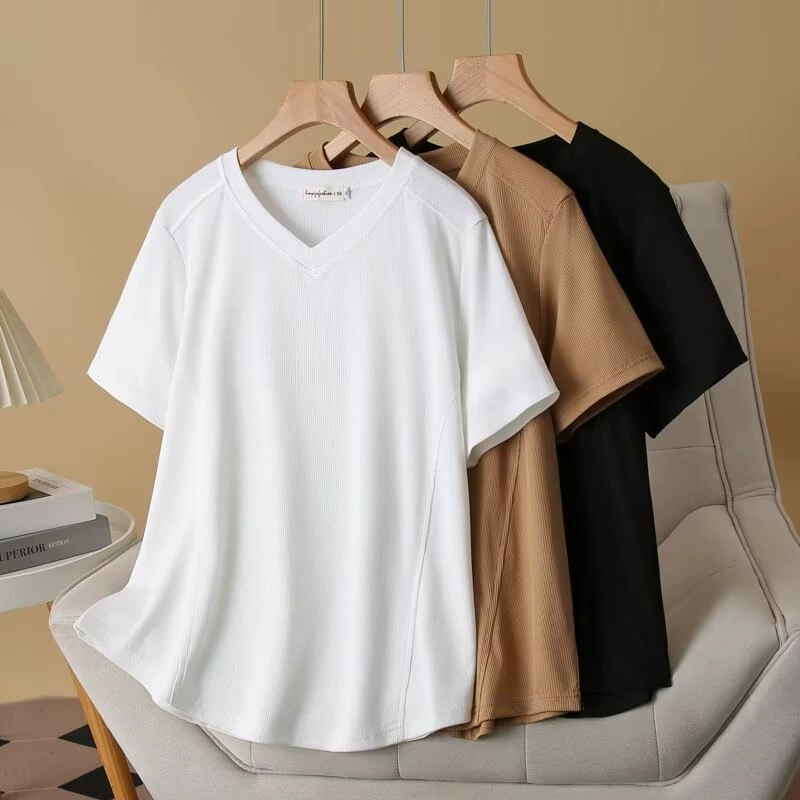 Женская летняя одежда больших размеров, новинка, простой свободный универсальный пуловер с v-образным вырезом и короткими рукавами, футболка, топ 807
