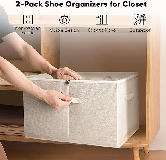 Wardrobe shoe organizer large shoe box storage container with transparent cover and adjustable partition foldable fabric shoes