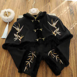 俏娘鱼黑色复古新中式斗篷旗袍女2025冬新款加绒保暖倒大袖日常穿