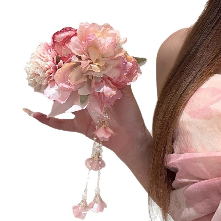 Tenghua Love Super Fairy Pink Tassel Flower Hairpin for Women, Side Clip Hairpin for Qipao, Hair Accessory, Multifunctional Hair Styling Tool